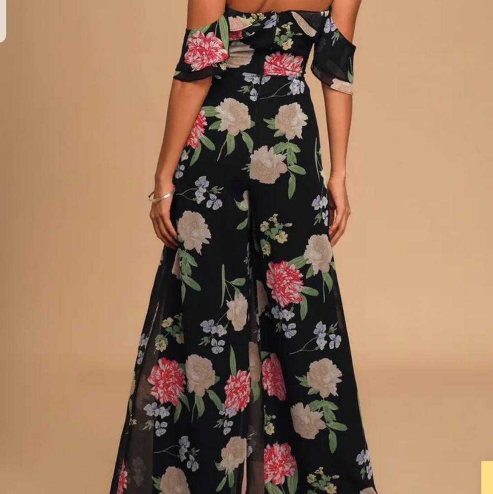 Black floral impressed off the shoulder jumpsuit - Picture 3 of 5